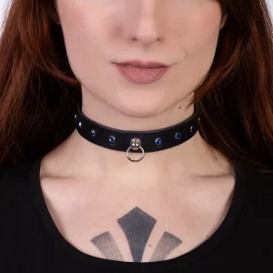 Leather choker with blue crystals and leash loop