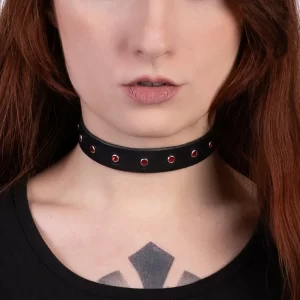 Woman wearing leather choker with red crystals